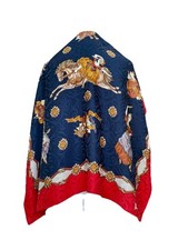 Vintage Silk Jacquard Square Scarf Navy Red Equestrian Horse Made In Italy A122