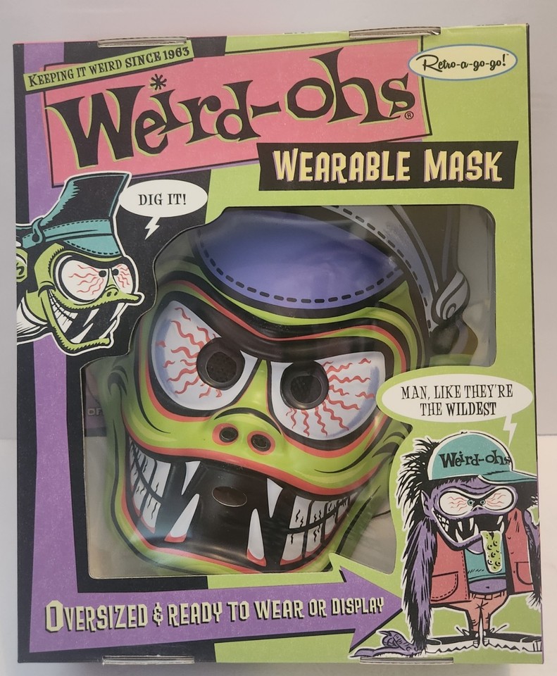 Mint-in-box wearable mask based on the classic 1960s Weird-ohs model kit characters — a genuine slice of retro Americana that doubles as wall art or costume piece.