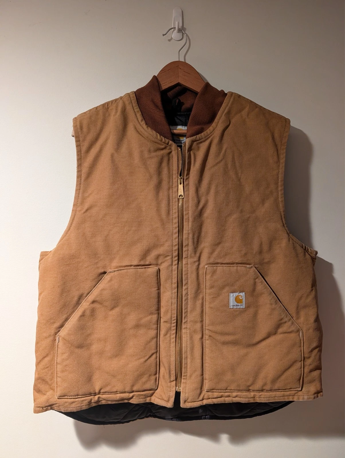 Vtg Carhartt Arctic Quilt Lined Duck Canvas Workwear Vest Brown Mens XL Faded