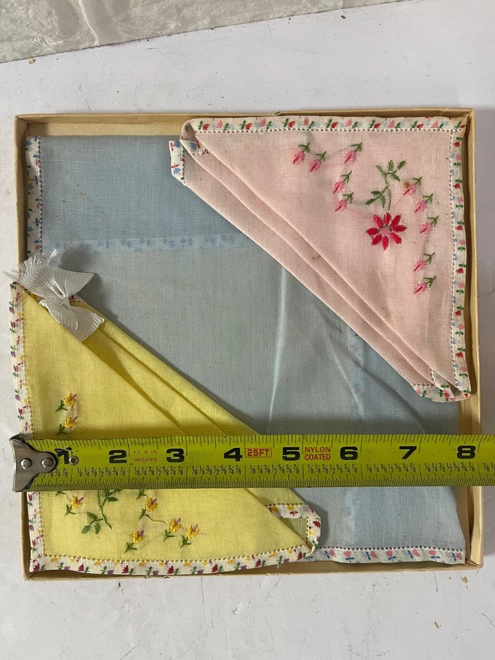 Set of 3 Hankies: Yellow Pink Blue Embroidered in Box - Image 4 of 4