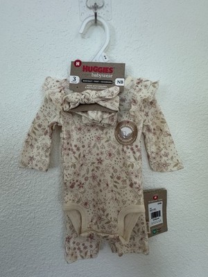 Huggies Newborn 3 Piece Floral Layette Set Organic Bodysuit Pant Headband