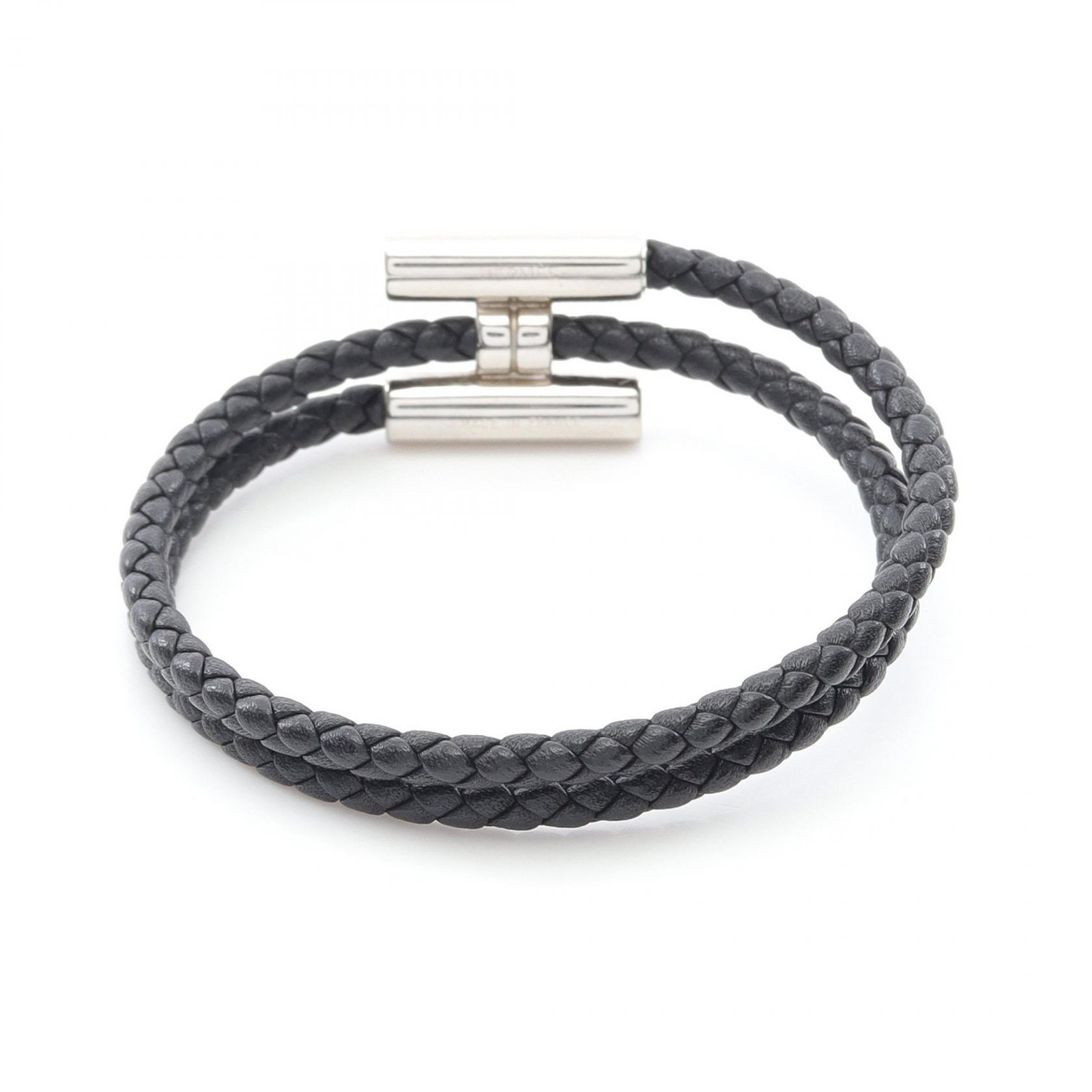 HERMES Tournis Tresse Leather Bracelet in Noir Black for Women Pre-Owned 068406FP-89-T3