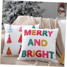 2 Pcs Merry and Bright Christmas Tree Pillow Covers Pink Embroidered 18 x 18