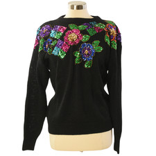 90s Vintage Floral Sequin Sweater Womens M Black Green Boho Holiday Christmas