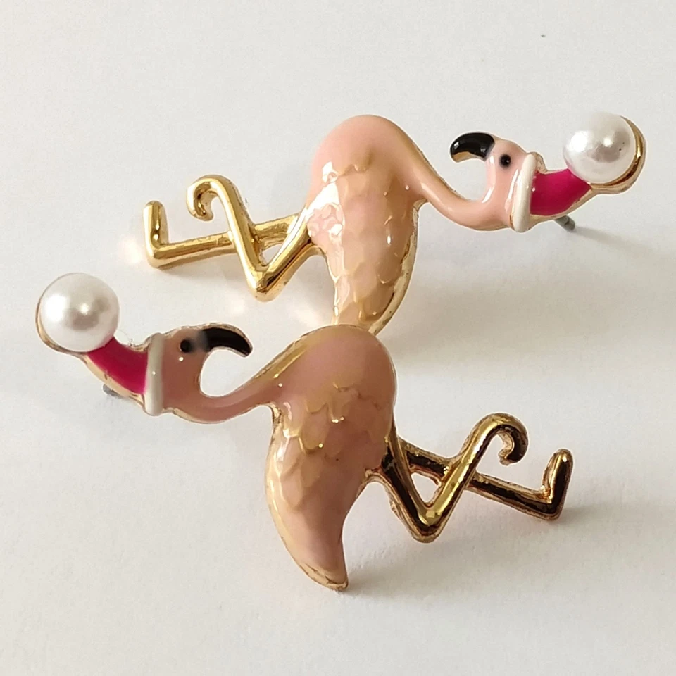 Betsey Johnson Santa Hat Faux Pearl Pink Enamel Flamingo Earrings - Image 4 of 4