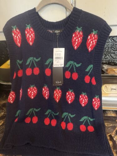 Rails Women's Navy Strawberries &Cherries Libby Sweater Vest Sz. L NWT Nordstrom