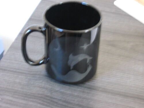 Etched Dolphin &amp; Moon Black Glass Coffee Mug 3 3/4&#034; Tall Signed MLZN 92 / France