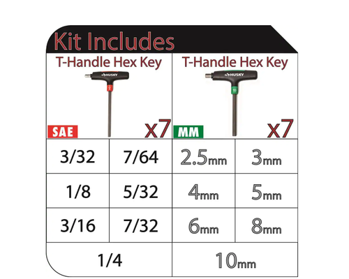 14-Piece SAE/MM T-Handle Hex Key Set Alloy Steel Ergonomic Grip Size Markings - Picture 2 of 5