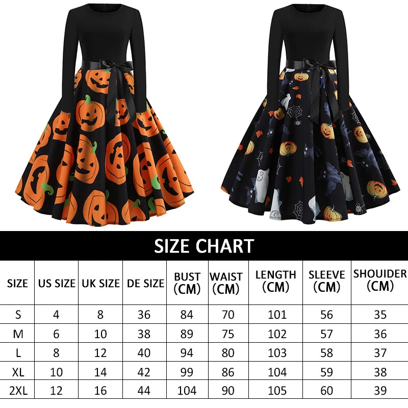 Damen Gedruckt Kürbis Halloween Kostüm Kleid Cosplay Hexe Skater Kleider Party - Bild 3 von 4