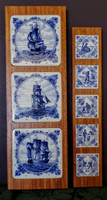 DELFT Co. Cobalt Blue &White Tiles in Wood Hanging Panels 2 with Original Boxes