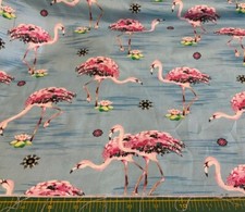QT FABRICS- FANCY FLAMINGOS 1649-27305-B - LIGHT BLUE-- 1/2 YARD