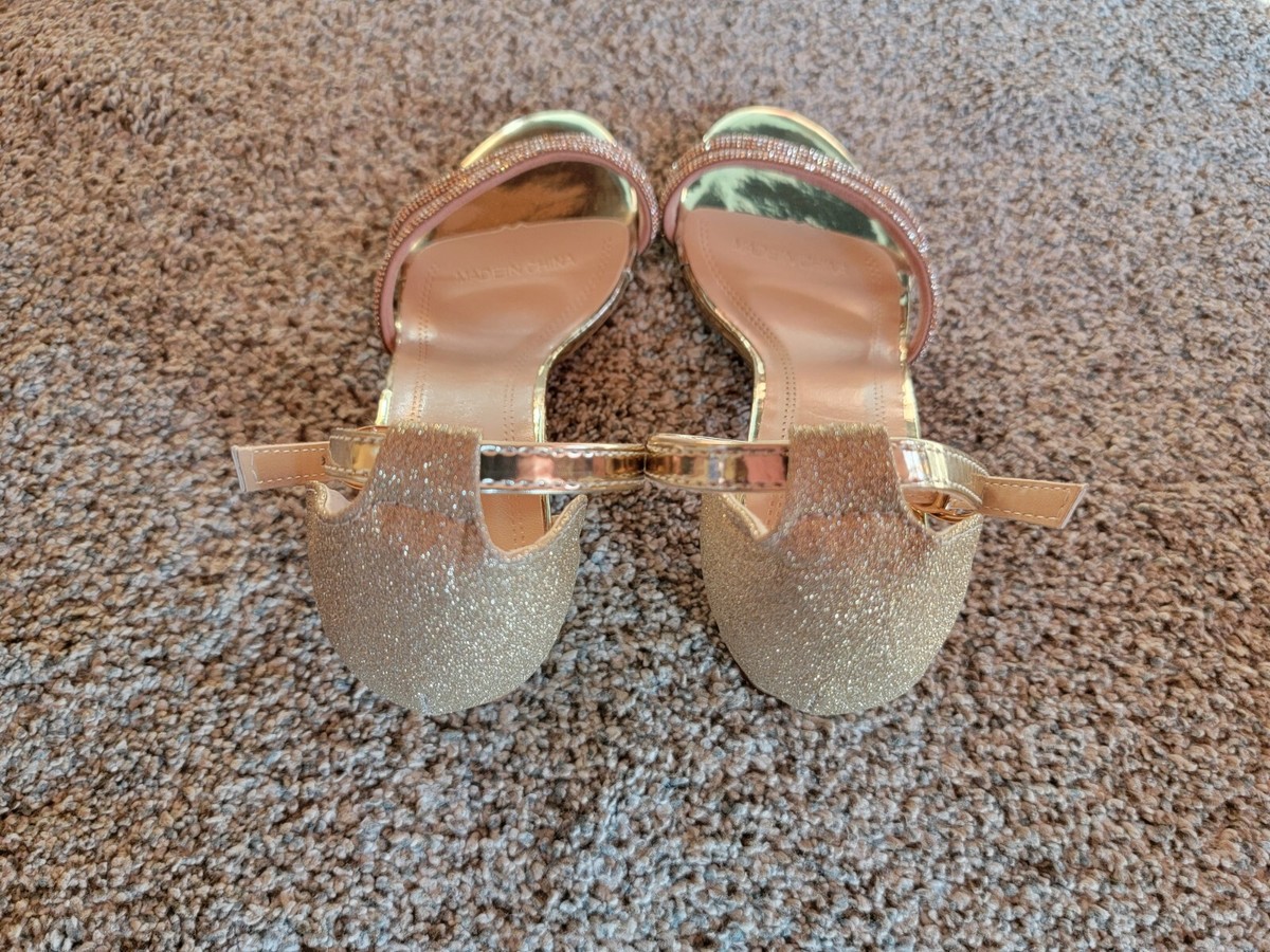JPNX Womens open-toed wedge heels, ankle strap, gold glitter size