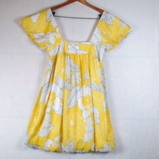 Final Touch Yellow & White Floral Palm Flowy Square Neck Mini Dress M