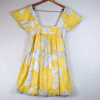 Final Touch Yellow & White Floral Palm Flowy Square Neck Mini Dress M