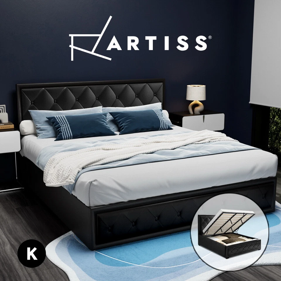 Artiss Bed Frame King Size Gas Lift Storage Mattress Base Wooden Black TIYO
