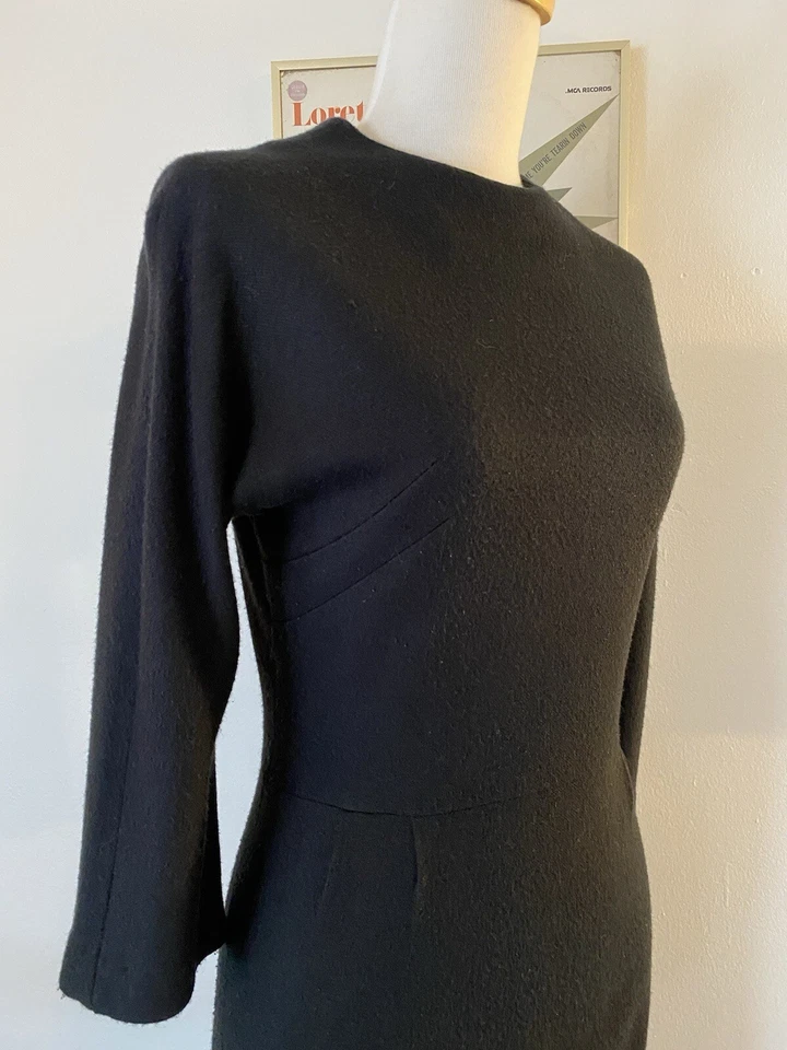 Винтажный 1960-х Lois Young уютный двойной трикотажа 3/4 рукав черный карандаш платье XS S - Изображение 4 из 4