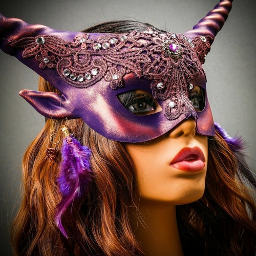 Mythical Purple Krampus Long Horns Halloween Venetian Women Masquerade Eye Mask - Picture 3 of 7