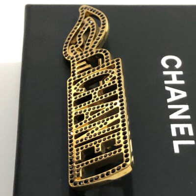 CHANEL Logo Black Rhinestone Lighter Brooch Gold Tone Pin