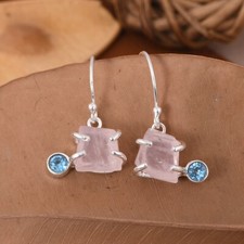 Natural Rose Quartz Gemstone Drop/Dangle Duo Gemstone Earrings 925 Silver