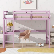 Twin Size Loft Bed Rubber Wood Bed Frame with Built-in Desk and Ladder Pink
