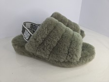UGG Women's Fluff Yeah Slides Slippers Green w/Elastic Logo Slingback Band Sz 10