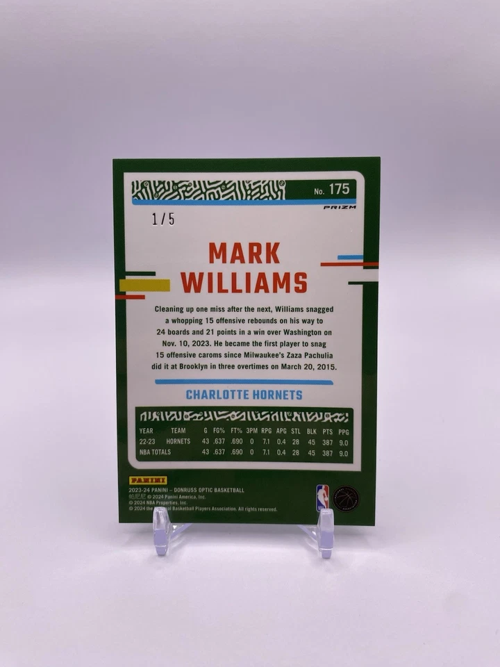2023-24 Donruss Optic Mark Williams Green Prizm #1/5 Hornets - Image 2 of 2