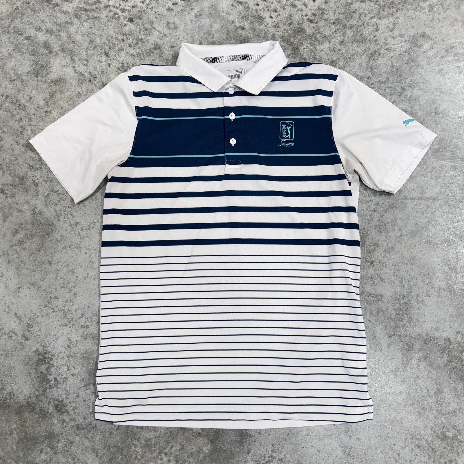 Puma Polo Shirt Mens Small White Navy Stripe TPC Sawgrass Golf Performance