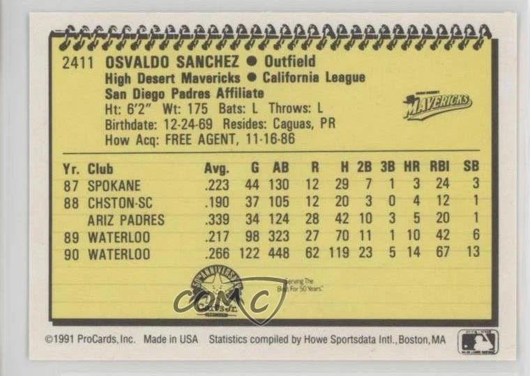 1991 ProCards Minor League Osvaldo Sanchez #2411 - Image 2 of 2