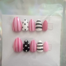 Pink White Black Almond Press-On Nails Set Shiny Polka Dot Stripe Full Cover