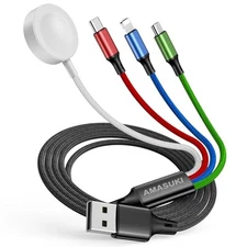 Travel 4 in 1 iWatch & iPhone Charger,Multi Charging Cable 4ft, Multi-colour 