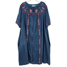 Go Softly Embroidered Denim Zip Front Patio Dress 3X Floral Blue Boho Pockets