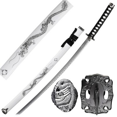 39.5'' Dragon Print Design White Scabbard Carbon Steel Blade Samurai Sword