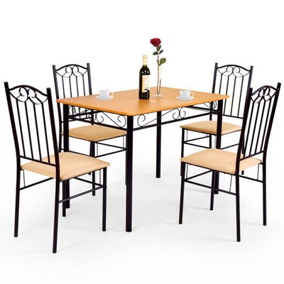 Costway 5 PC Dining Set Wood Metal 30'' Table and 4 Chairs Black Kitchen Breakfas