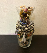 Small Clear Glass Decorative Bottle Vase w/ Costume Jewelry Bracelets Beads