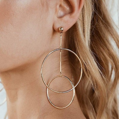 Double Hoops Large Circle Dangle Earrings Trend Minimal Gold Silver Women Jewelr