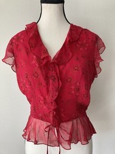 VTG 90s Y2K 1999 Brilliant Red Flutter Ruffle Silk Fairy Whimsygoth Top SZ S