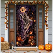 Purple Skeleton Halloween Door Banner Gothic 6x3 Ft Haunted Porch Decor