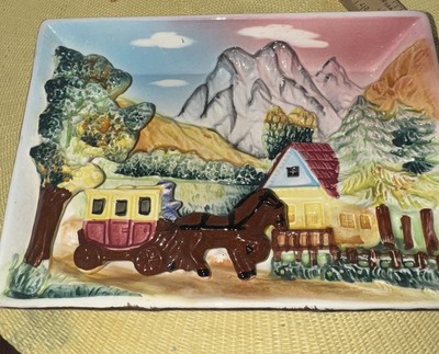 Vtg UCAGO Ceramics Japan 3D Wall Plaque Prairie Scene Stagecoach Cottagecore GUC