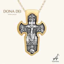 Orthodox Cross Pendant CRUCIFIXION. ARCHANGEL MICHAEL, 925 Silver & 24K Gilding
