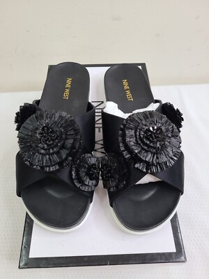 Nine West ''Relly'' Open Toe Slide Sandals With Black Floral Embellishment Size 7M