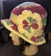 Green Brown Yellow FALL Spring CLOCHE BEANIE CAP FLAPPER HAT HAND CROCHET new
