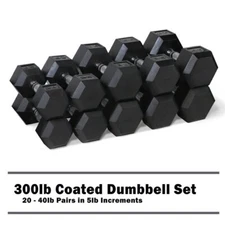 Dumbbell Set 300Lb Rubber Hex FREE SHIPPING USA