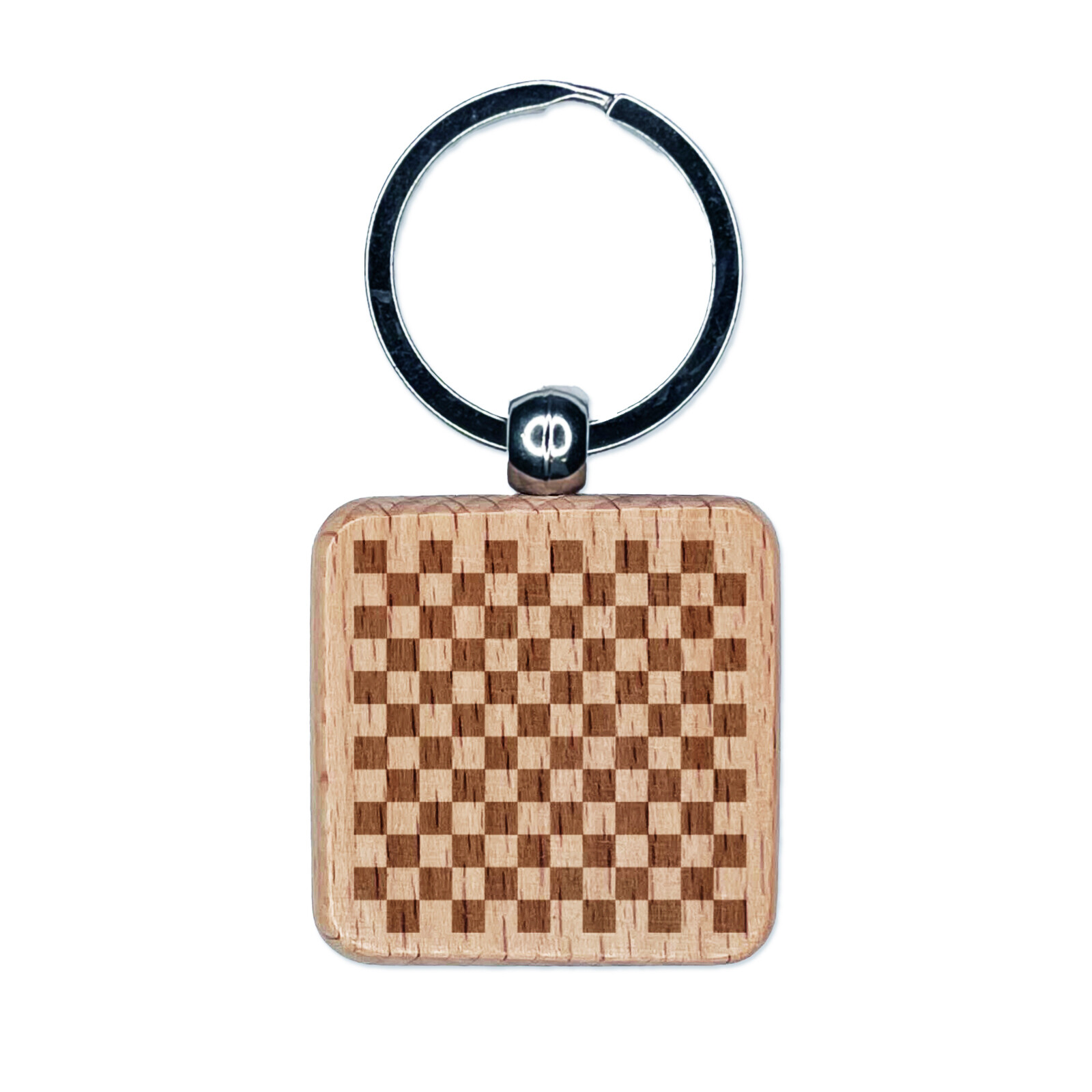 Checkerboard Pattern Engraved Wood Square Keychain Tag Charm