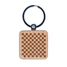 Checkerboard Pattern Engraved Wood Square Keychain Tag Charm