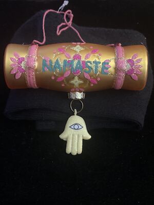 NAMASTE YOGA MAT WITH DANGLING HAMSA HAND GLASS CHRISTMAS ORNAMENT NEW WITH TAGS