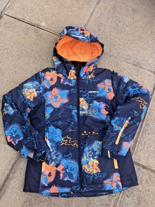 orange and blue ski jacket