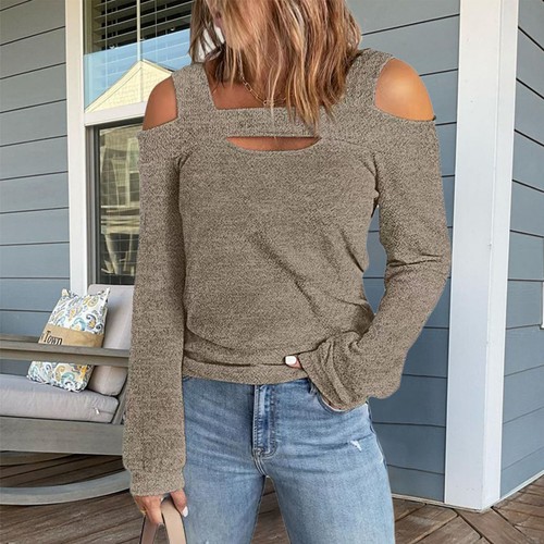 (Khaki M)Women Cold Shoulder Top Cut Out Design Solid Color Long Sleeve ...