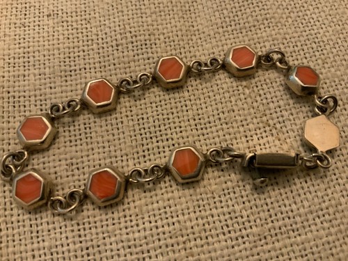Pink salmon Coral bracelet geometric sterling silver 925 southwest Vintage - Picture 11 of 11
