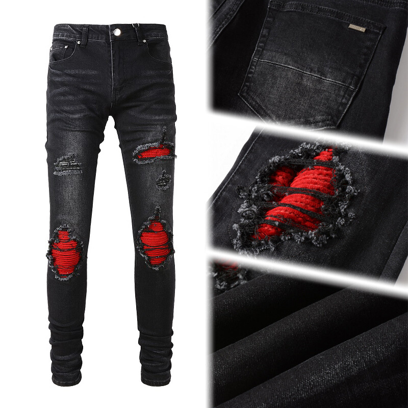 Stylish Men's Black Skinny Jeans, Stretch Ripped Denim with Red Contrast  Patches