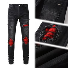 Stylish Men's Black Skinny Jeans, Stretch Ripped Denim with Red Contrast Patches